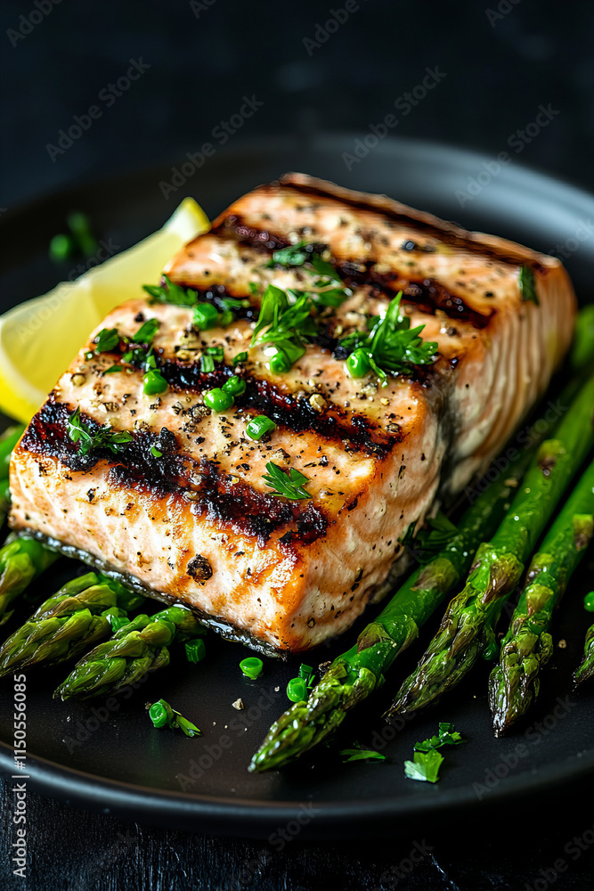 Delicious grilled salmon fillet with asparagus, garnished with lemon, rosemary, and peppercorns, presented on a black slate for gourmet food photography and culinary inspiration Delicious grilled salmon fillet with asparagus, garnished with lemon, rosemary, and peppercorns, presented on a black slate for gourmet food photography and culinary inspiration