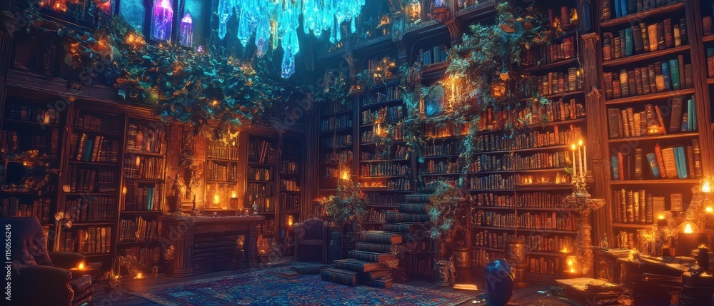 Naklejka premium A warm and inviting room features a glowing fireplace, surrounded by shelves filled with books. Soft light illuminates the cozy space, creating a peaceful atmosphere perfect for reading.