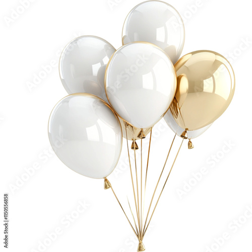 White gold balloons isolated on a transparent background, empty blank png background