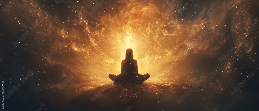 Meditation in a mystical realm surrounded by shimmering lights and vibrant energy Meditation in a mystical realm surrounded by shimmering lights and vibrant energy