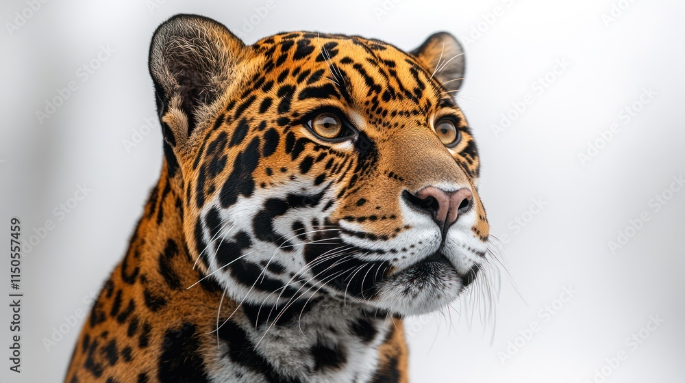 Obraz premium Close-up portrait of a jaguar's head and shoulders against a white background, showing its detailed fur pattern and intense gaze.