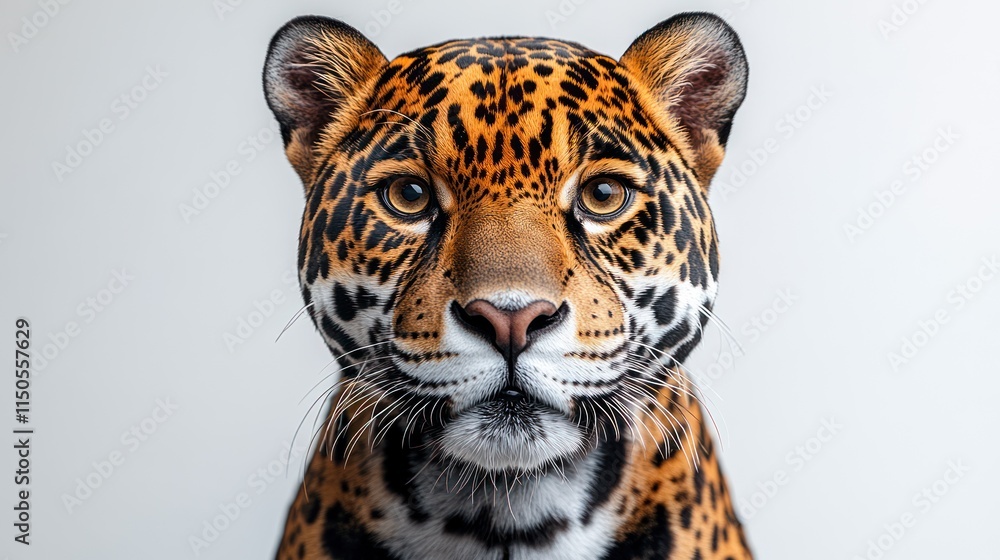 Obraz premium Close-up portrait of a jaguar's face against a white background.