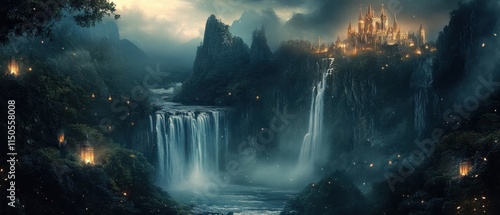 Wallpaper Mural Majestic waterfalls cascade from rocky cliffs into a serene lake at sunset with distant towers and mountains in the background Torontodigital.ca