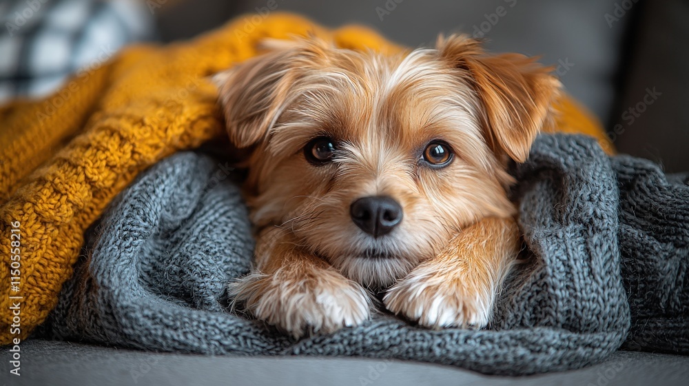 Cozy dog relaxing on knit blanket with curious eyes Cozy dog relaxing on knit blanket with curious eyes