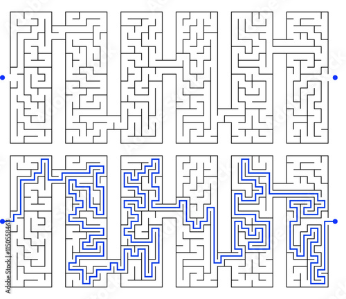 Vector labyrinth composed of 6 connected vertical rectangular mazes. Black and white riddle with entry and exit. Find the way through labyrinth puzzle. Medium level difficulty game for childrens.