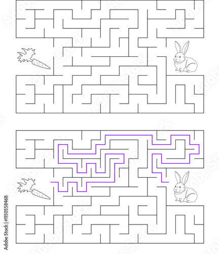 Help a white rabbit pass through rectangular maze to find a carrot. Feed the hungry bunny labyrinth. Easy difficulty level riddle for kids and their parents. Solution included