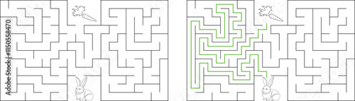 Help a white rabbit pass through rectangular maze to find a carrot. Feed the hungry bunny labyrinth. Easy difficulty level riddle for kids and their parents. Solution included
