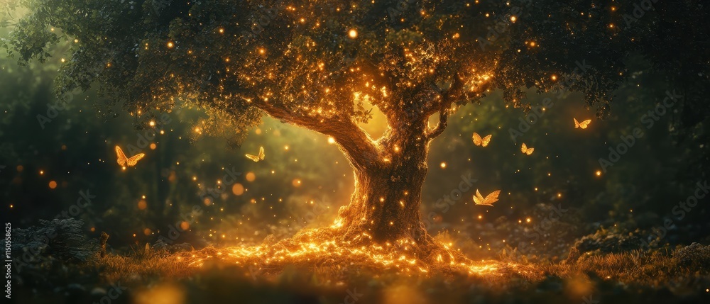 Naklejka premium Enchanted tree surrounded by glowing fireflies and butterflies in a mystical forest during twilight