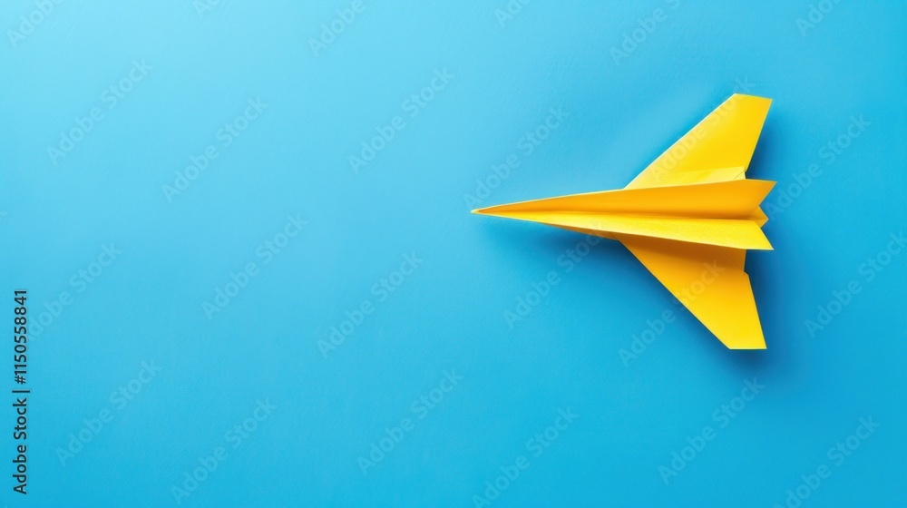 Yellow Paper Airplane Soaring on Blue Background: A Symbol of Dreams and Travel Yellow Paper Airplane Soaring on Blue Background: A Symbol of Dreams and Travel