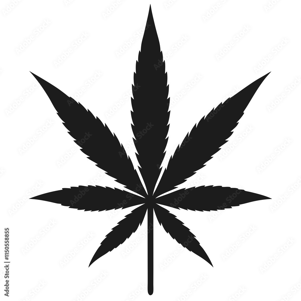 A simple Black Silhouette of a Cannabis Leaf on a white background A simple Black Silhouette of a Cannabis Leaf on a white background