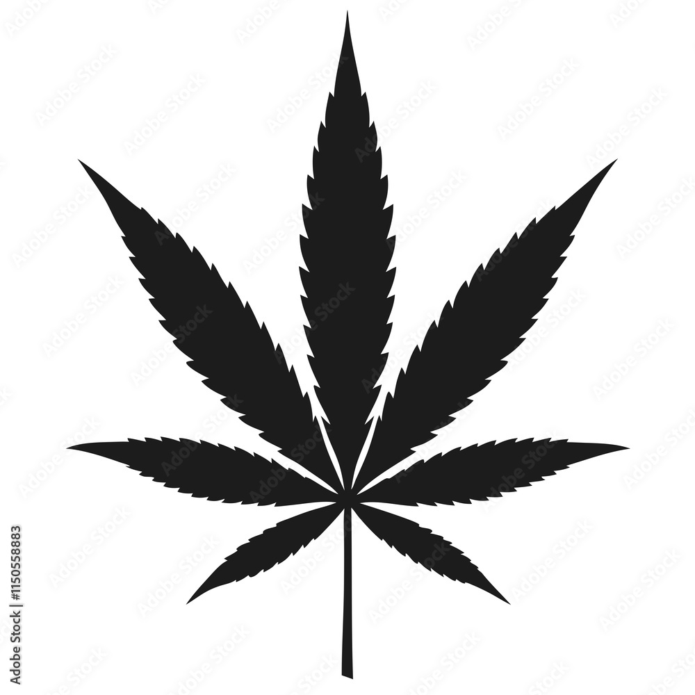 A simple Black Silhouette of a Cannabis Leaf on a white background A simple Black Silhouette of a Cannabis Leaf on a white background