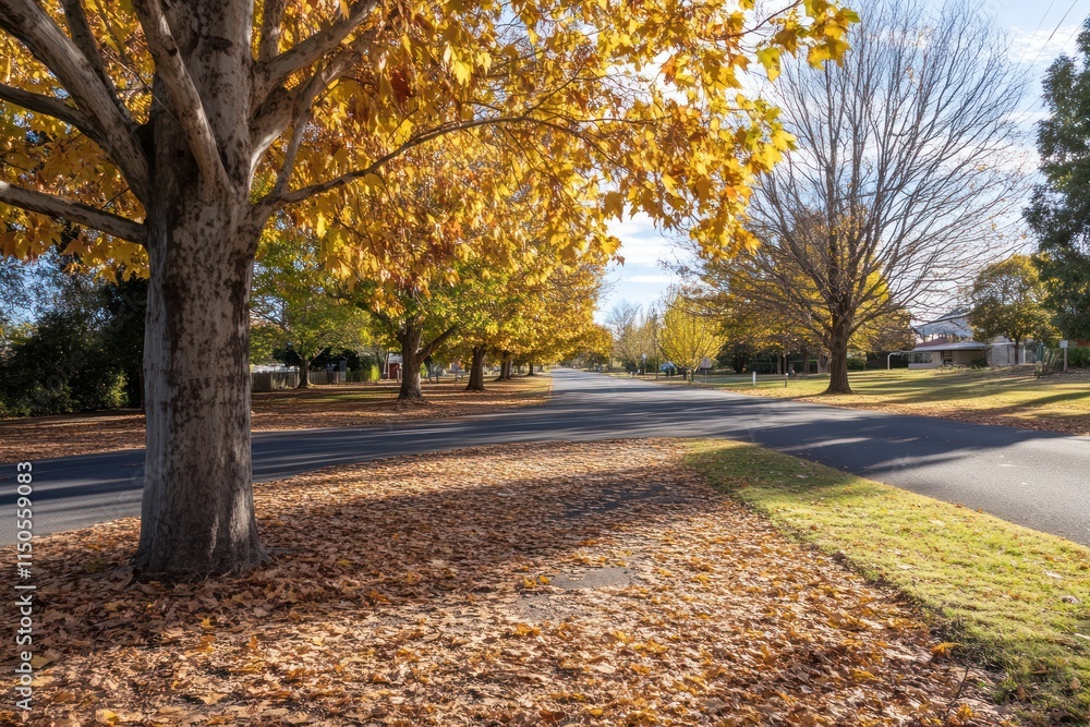 Naklejka premium Autumnal Street Scene with Golden Leaves and Trees