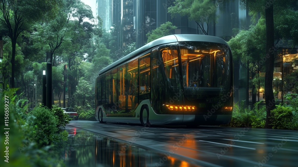 Obraz premium Futuristic electric bus in green urban setting with modern architecture