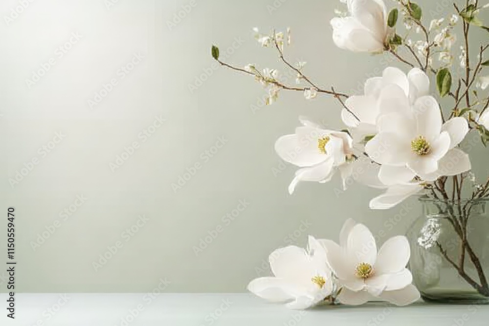 Elegant white magnolia flowers displayed in a glass vase on a light background creating a serene atmosphere in a home setting Elegant white magnolia flowers displayed in a glass vase on a light background creating a serene atmosphere in a home setting