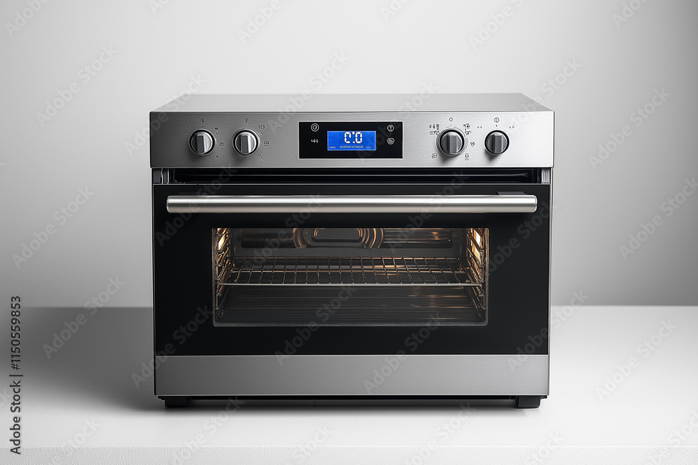 Fototapeta premium Four en Acier Inoxydable Moderne avec Commandes Numériques, Design Minimaliste et Épuré, Lignes Nettes et Éclairage Doux