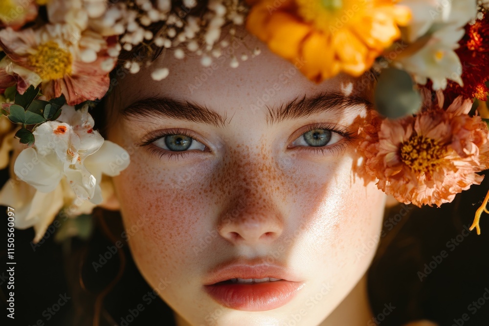 Young woman with vibrant flower crown surrounded by natural light showcasing her freckles and captivating eyes Young woman with vibrant flower crown surrounded by natural light showcasing her freckles and captivating eyes