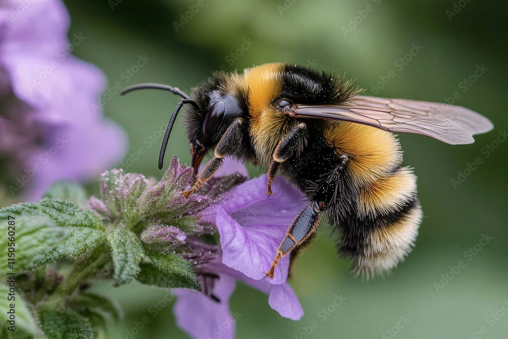 Bumblebee collecting nectar from purple flower in a vibrant garden during sunny spring day Bumblebee collecting nectar from purple flower in a vibrant garden during sunny spring day