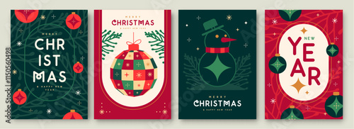 Set of Merry Christmas and Happy New Year greeting cards, covers or posters with holiday attributes. Christmas background. Flat design. Vector illustration