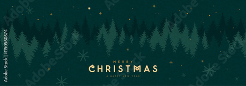 Christmas holiday green background, greeting card or banner with night fir tree forest. Vector illustration