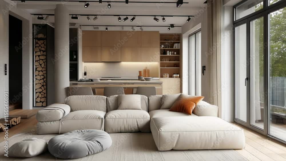 Modern living room with cozy seating and neutral tones in a contemporary home setting Modern living room with cozy seating and neutral tones in a contemporary home setting