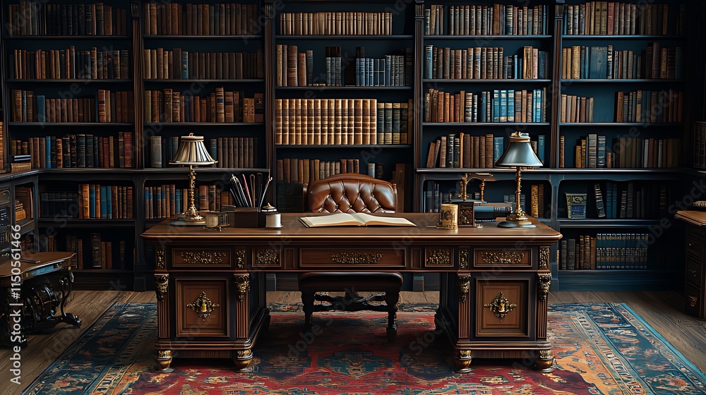 Classic library study with antique wooden desk, bookshelves, and Persian rug. Classic library study with antique wooden desk, bookshelves, and Persian rug.