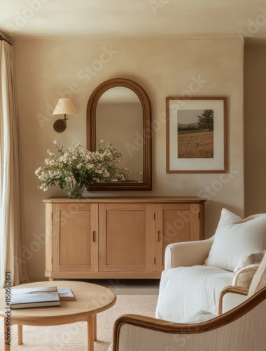 vintage inspired oak sideboard with mirror and flowers in cozy living room. soft lighting and neutral tones create warm, inviting atmosphere photo