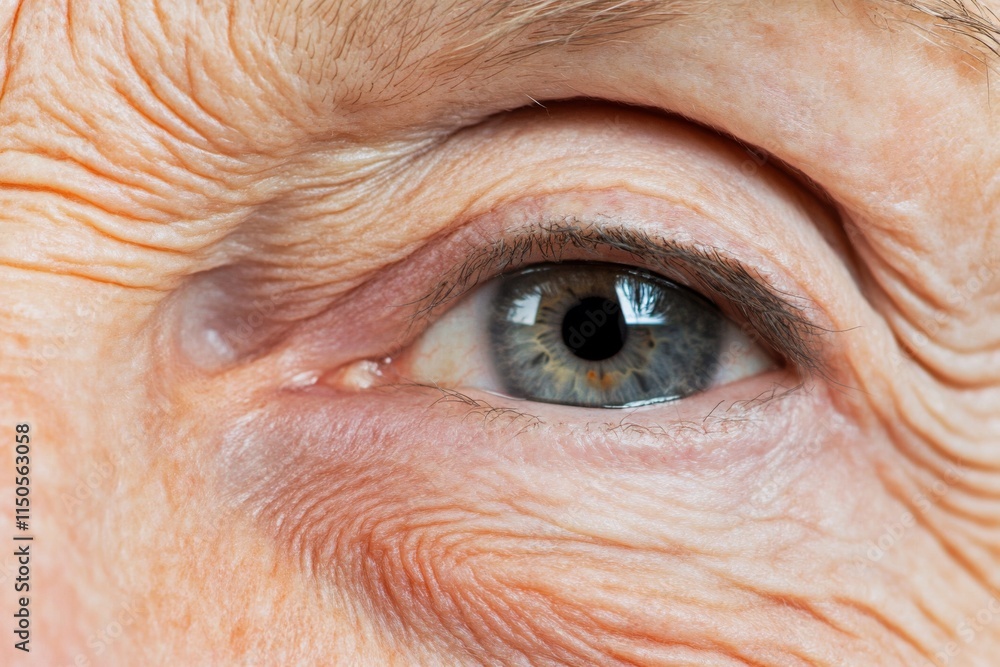 Fototapeta premium Close-up of old woman's eye, wrinkles. Macro Eye of Female Senior. Detail of older woman with green eyes. Elderly person look up side view. Wrinkled face of aged lady. Optical symptoms, health concept