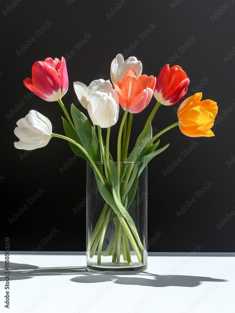 Colorful Tulips in Glass Vase - Spring flowers, vibrant colors, simple elegance, nature's beauty, floral arrangement. Colorful Tulips in Glass Vase - Spring flowers, vibrant colors, simple elegance, nature's beauty, floral arrangement.