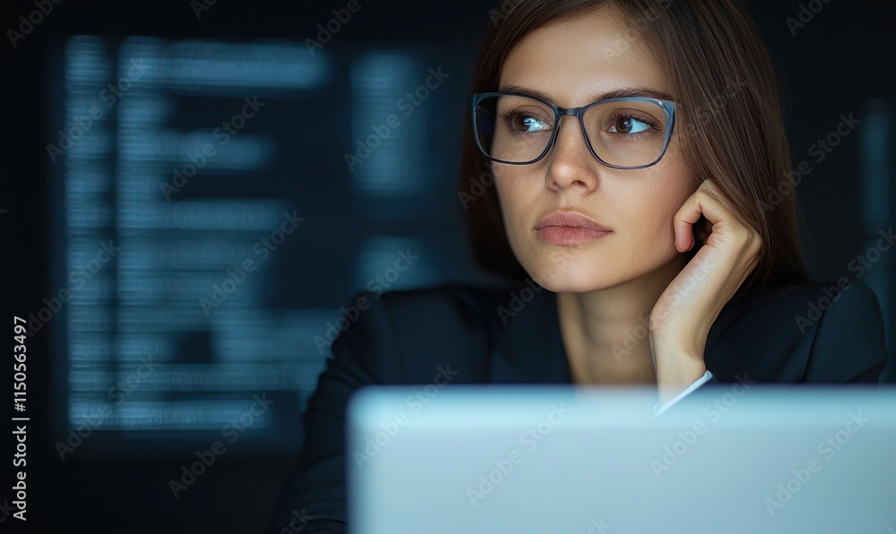 Business woman focused on research and online tasks during telework in modern office environment Business woman focused on research and online tasks during telework in modern office environment