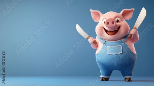 Cute Cartoon Pig Chef with Cleavers - A cheerful cartoon pig, wearing denim overalls, happily holds two cleavers. Symbolizing joy, cooking, farm life, cuteness, and a playful approach to food preparat photo