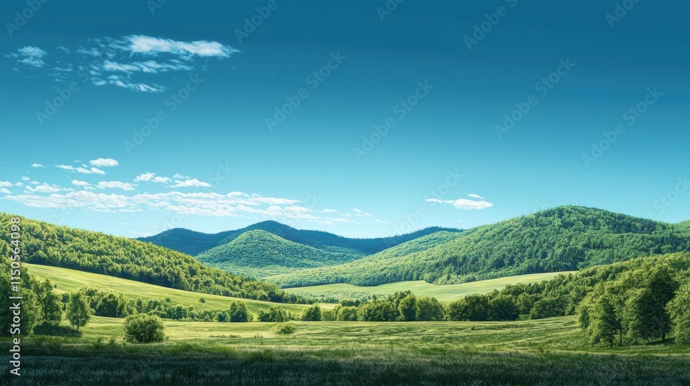 Naklejka premium Serene Green Hills under a Summer Sky: A Breathtaking Panorama of Rolling Hills and Lush Meadows