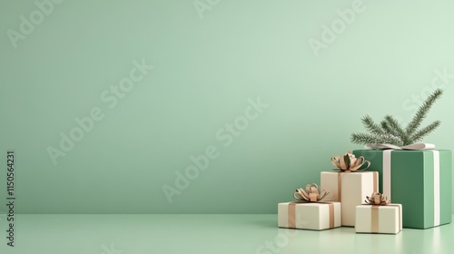 Wallpaper Mural Elegant Green and White Gifts - Festive presents, winter holidays, minimalist design, pastel colors, gift giving. Torontodigital.ca