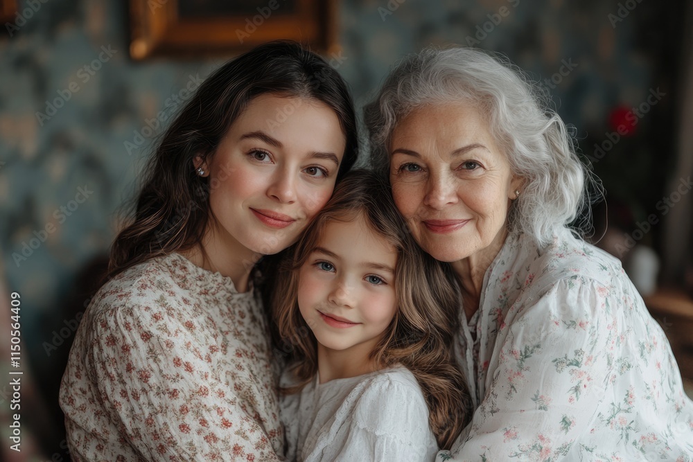 Captivating Portrait of Three Generations of Women: A Smiling Family Embracing Love and Bonding at Home Captivating Portrait of Three Generations of Women: A Smiling Family Embracing Love and Bonding at Home