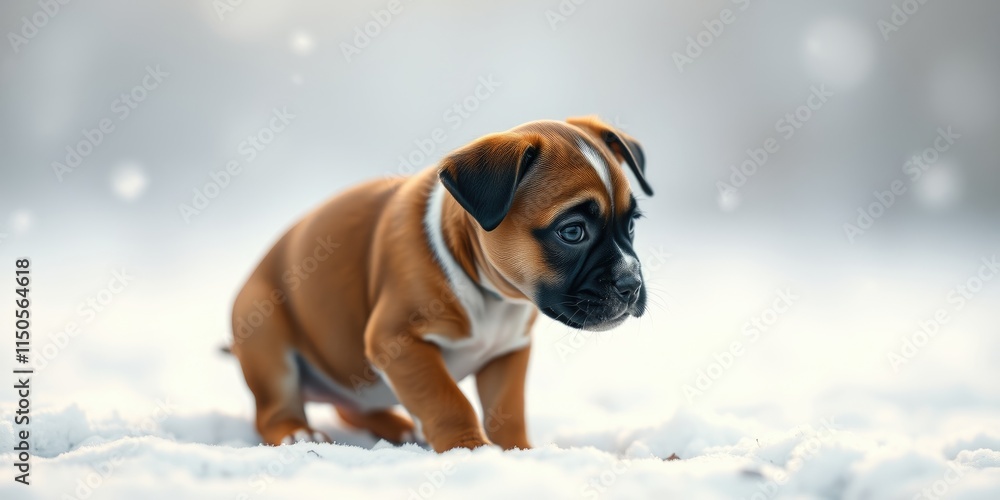 A tiny boxer puppy explores a snowy landscape, playfully stepping through the soft snow while enjoying the cold winter weather. Its curiosity is evident in every move A tiny boxer puppy explores a snowy landscape, playfully stepping through the soft snow while enjoying the cold winter weather. Its curiosity is evident in every move