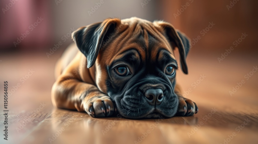 A tiny boxer puppy is comfortably lying on a wooden floor, looking curiously at its surroundings while enjoying a moment of relaxation in a warm atmosphere