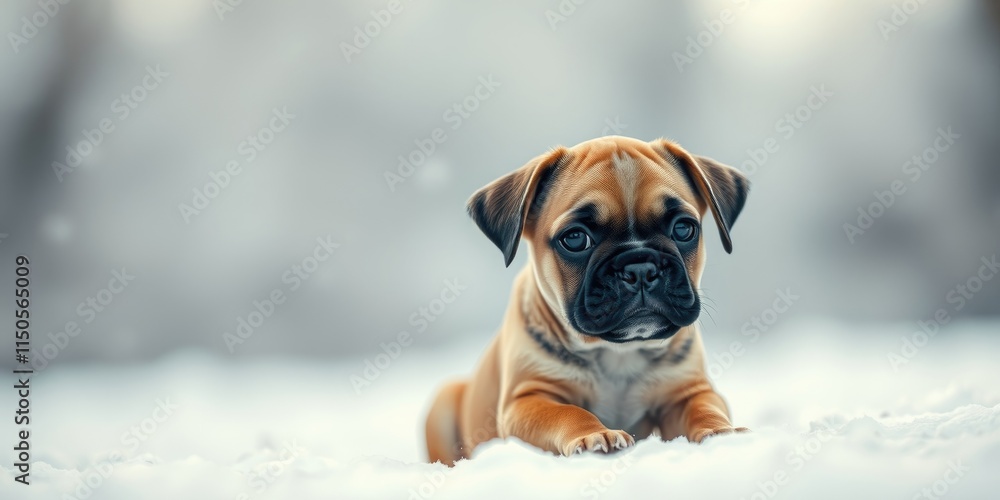 Obraz premium A tiny Boxer puppy is enjoying the crisp winter air while playfully loosening up in the snow. Its charming expression captures the joy of the season