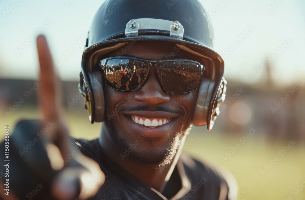Close-up of smiling baseball player with helmet and reflective sunglasses Close-up of smiling baseball player with helmet and reflective sunglasses