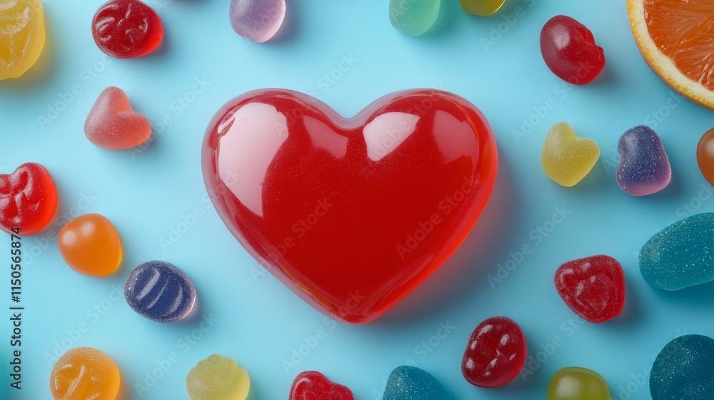Obraz premium Jelly Fruit Heart Assortment on Blue - A red jelly heart surrounded by an assortment of colorful jelly candies. Symbolizing love, sweetness, joy, happiness, and vibrant energy.