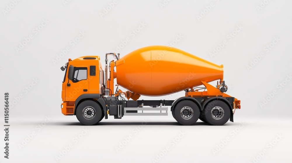 Orange Cement Mixer Truck - Construction, industry, transportation, building, delivery. Symbolizing progress, infrastructure, development, and strength. Orange Cement Mixer Truck - Construction, industry, transportation, building, delivery. Symbolizing progress, infrastructure, development, and strength.