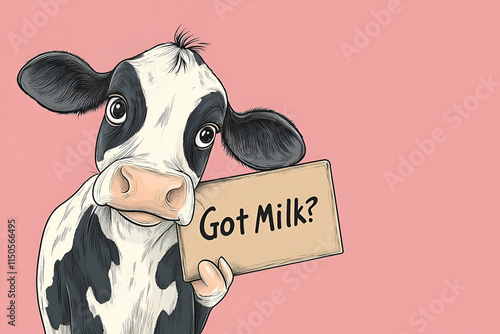 Cute cow cheerfully asks if you got milk while holding a sign against a soft pink backdrop