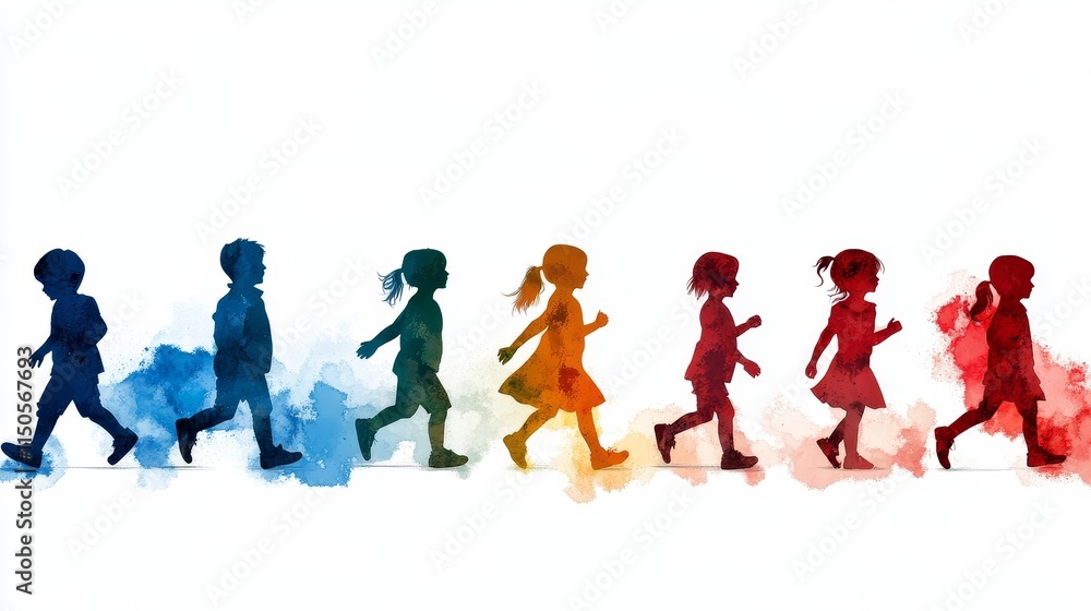 Obraz premium Silhouettes of Children Playing in Abstract Watercolor - Colorful silhouettes of children playing, symbolizing childhood, joy, growth, unity, and freedom. A vibrant image perfect for education, famil