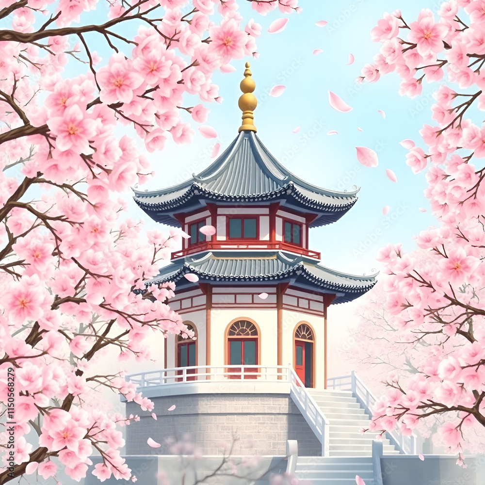 Beautiful Pagoda Surrounded by Cherry Blossom Trees Under a Clear Blue Sky Beautiful Pagoda Surrounded by Cherry Blossom Trees Under a Clear Blue Sky