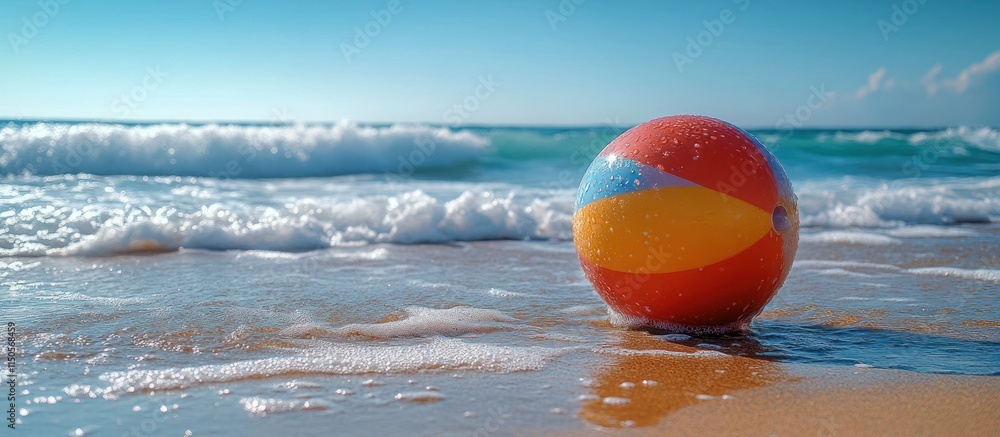 Beach ball on the sandy shore with ocean waves. Beach ball on the sandy shore with ocean waves.