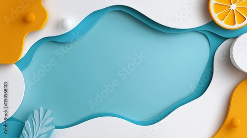 Summer Citrus Background Design - Vibrant summer design featuring orange slices, abstract shapes, and leaves. Symbolizes freshness, summer, joy, nature, and energy.