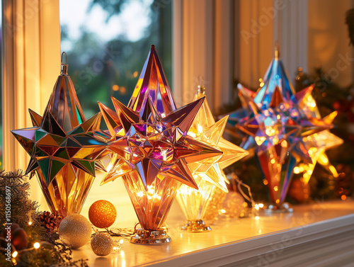 Colorful Star-Shaped Christmas Lanterns with Lights photo