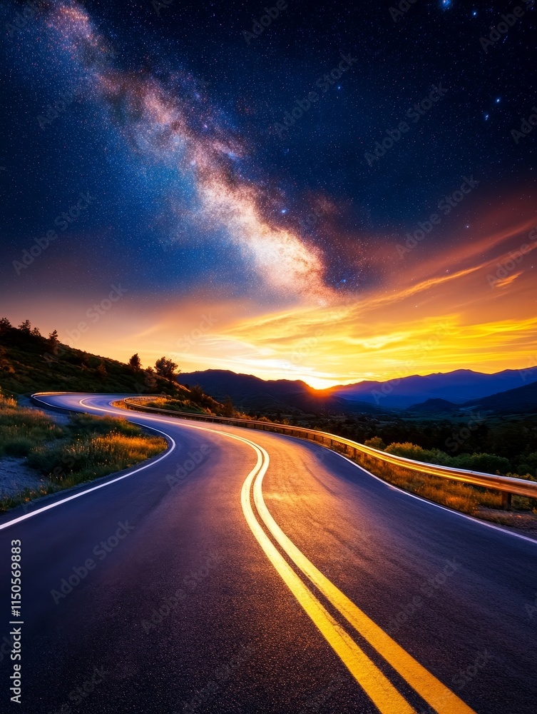 Fototapeta premium Winding Road Sunset Milky Way - Scenic highway, sunset glow, winding road, night sky, milky way galaxy. Journey, adventure, freedom concepts.