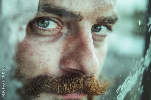 Eerie Man with a Single Eye Behind Frosted Glass: A Mysterious Figure in His 30s with Facial Hair and a Sinister Smile photo