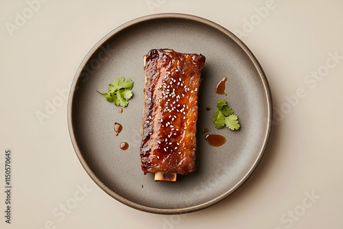 Tender ribs glazed with rich sauce lie beautifully on a stylish plate, accompanied by fresh herbs photo