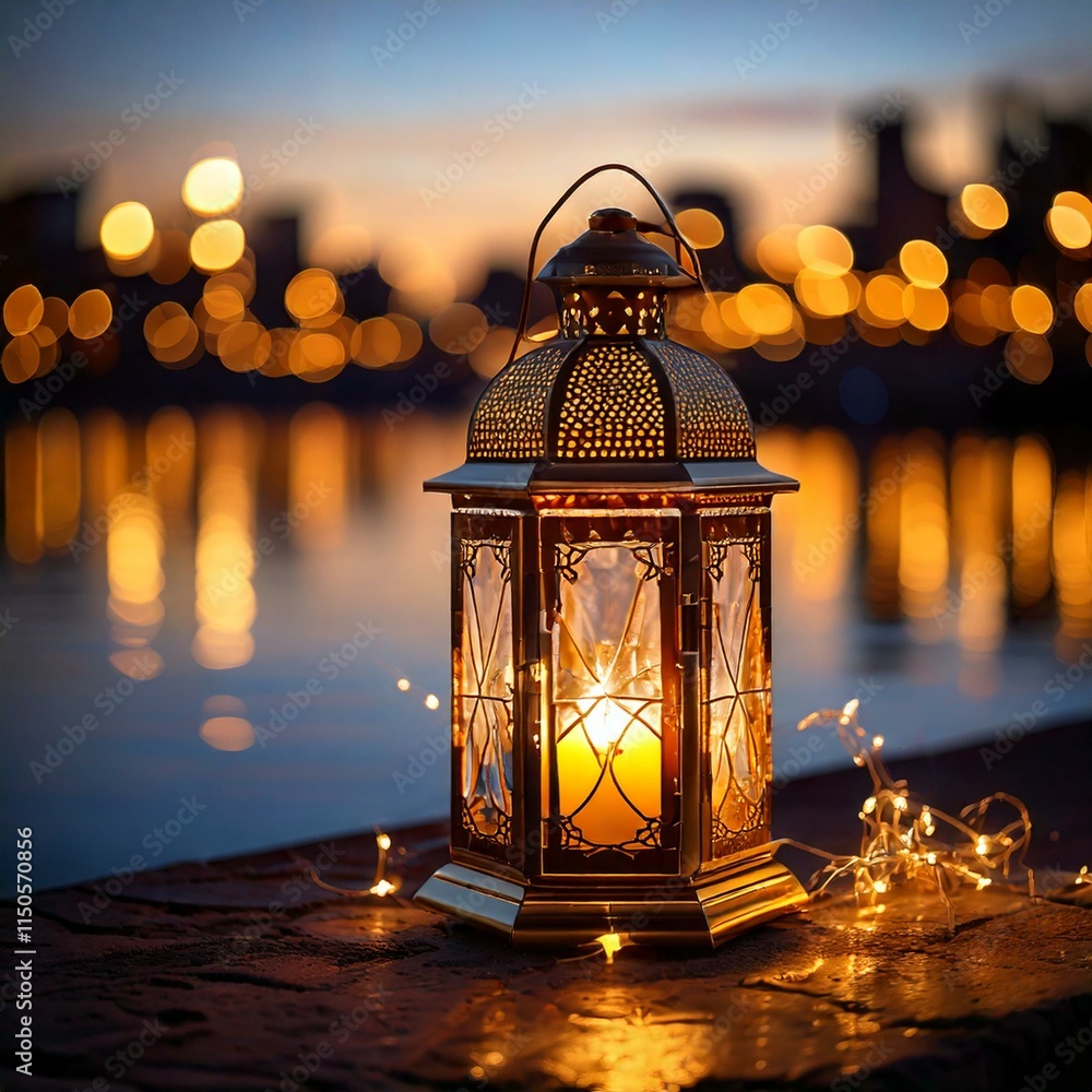 Elegant Pair of Ornate Lanterns with Warm Glow on Wooden Table, Surrounded by Soft Bokeh Lights for a Cozy Ramadan Ambiance Elegant Pair of Ornate Lanterns with Warm Glow on Wooden Table, Surrounded by Soft Bokeh Lights for a Cozy Ramadan Ambiance