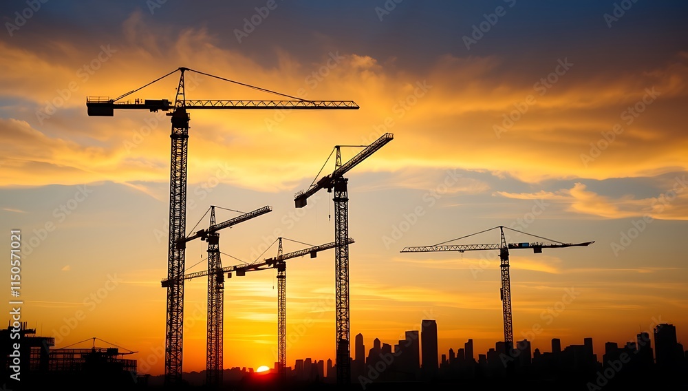 Fototapeta premium Construction Cranes Silhouette at Sunset Over City Skyline